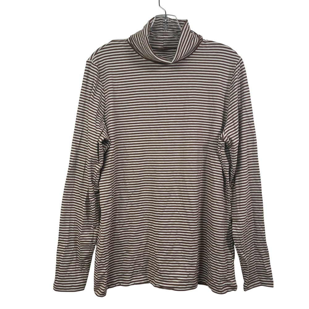 Lands End Brown White Striped Turtleneck Long Sleeve Fitted Top Large L 14-16
